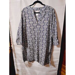 Top It Off XL long top blouse pullover 100% cotton office casual fall navy white